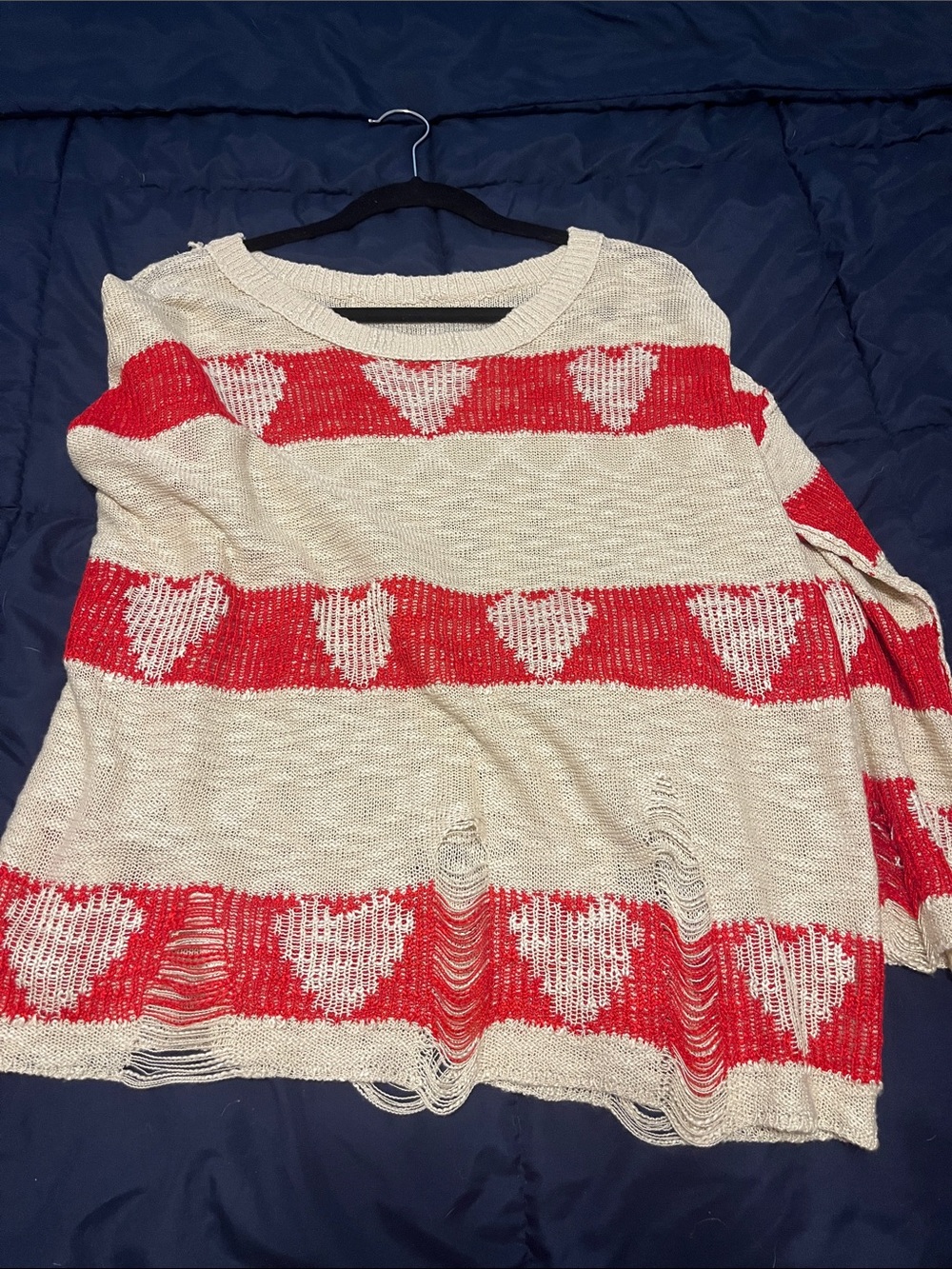 fab'rik Cream and Red Off-the-Shoulder Heart Stripe Sweater
